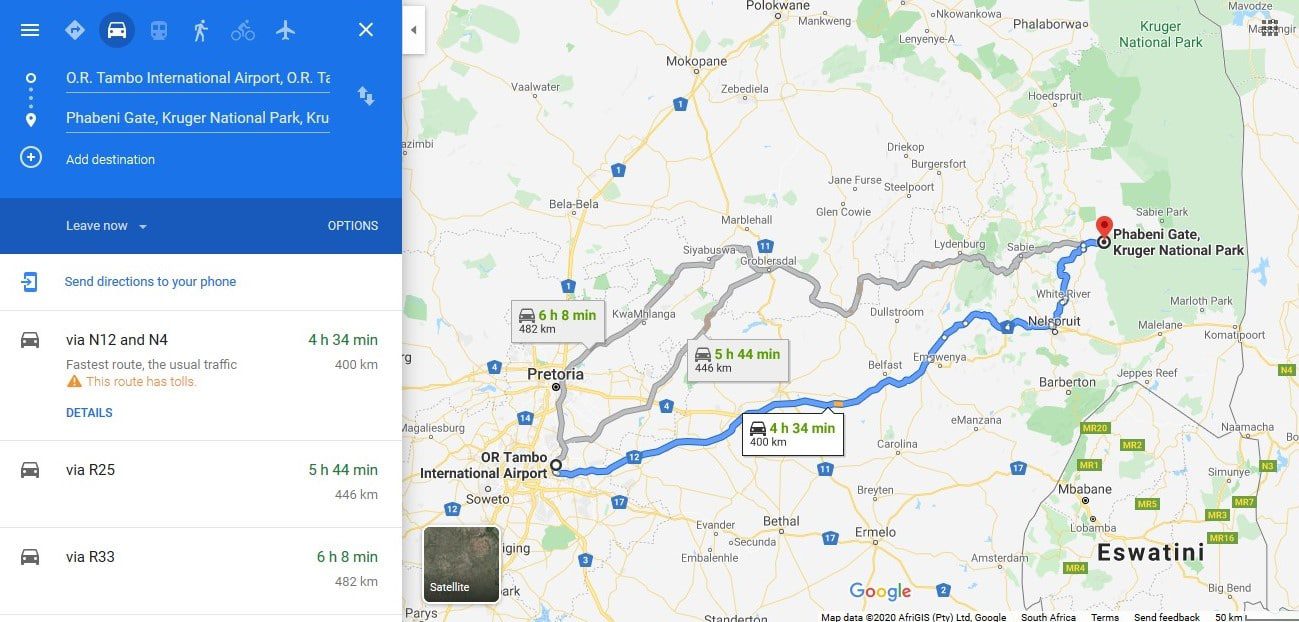 Google Map from ORT Airport to Phabeni Gate Kruger National Park